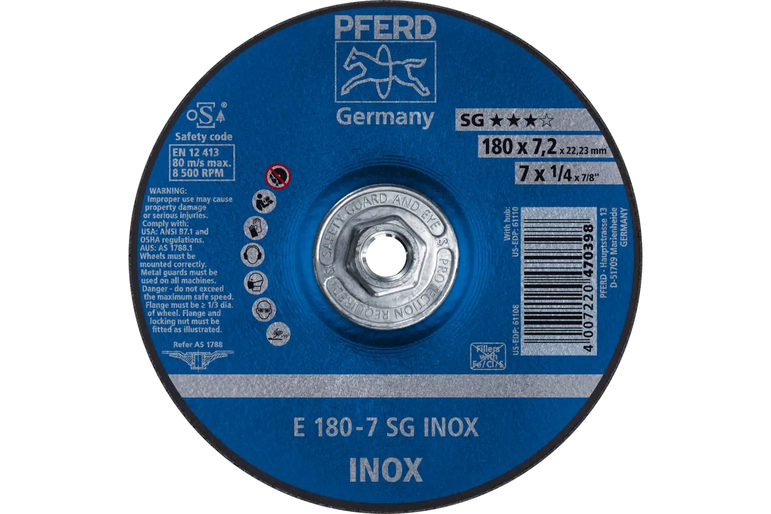Picture of Pferd Grinding Wheel, 7" X 1/4 X 5/8-11, Sg Inox, T27, Aluminum Oxide